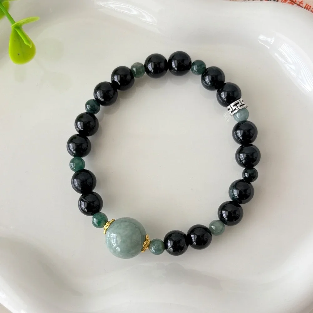 Authentic Jadeite Beaded Bracelet with Silver and Gold Accents  20.43g